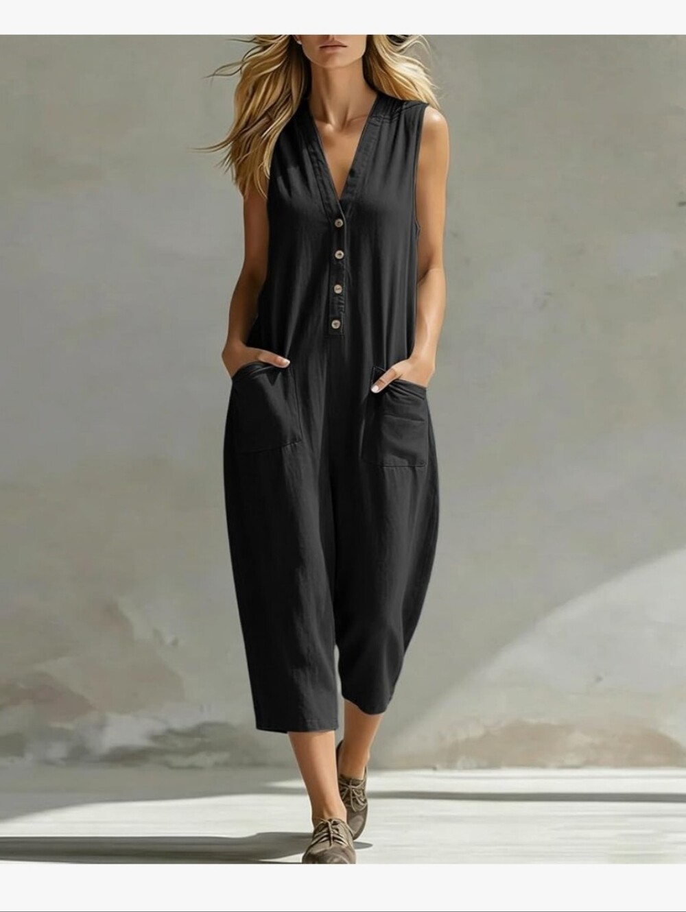 Sleeveless Black Button-Front Linen Jumpsuit #125